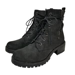 Dunes Women's Black Lug Sole Moto Combat Boots Nubuck Faux Leather Lace Up 7.5